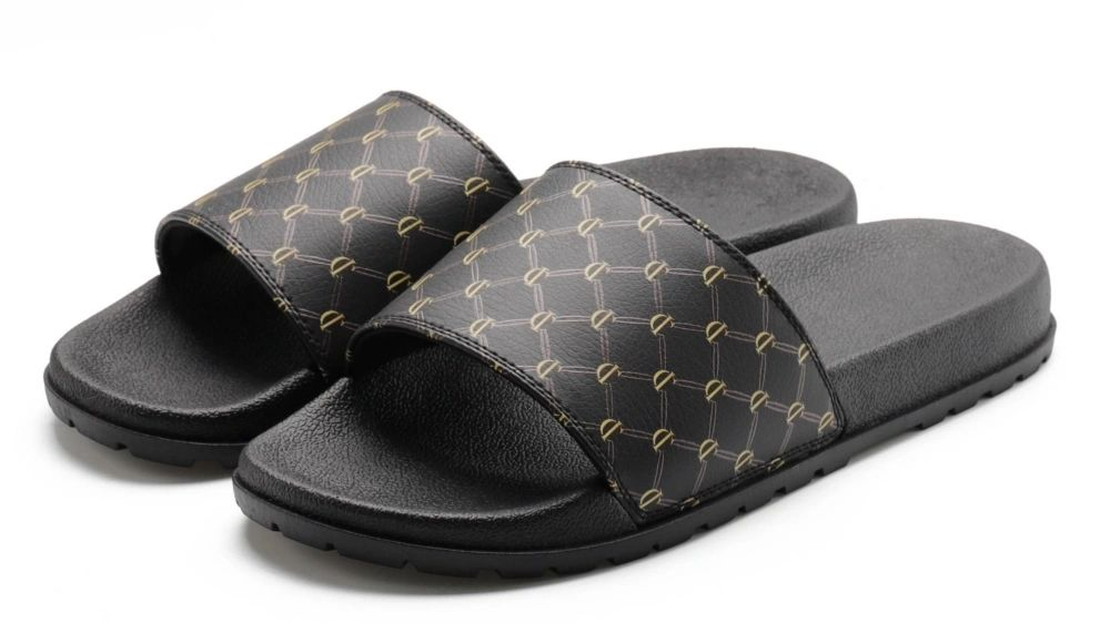 Iconic print black slide sandals