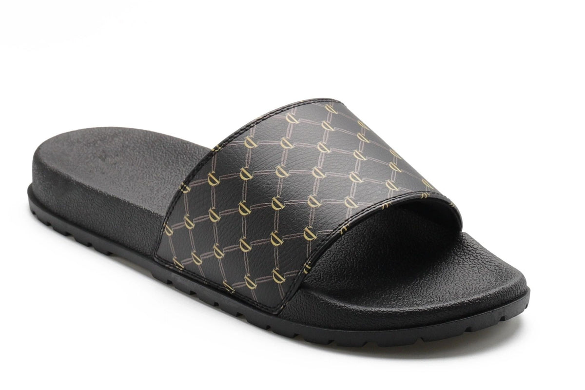 Iconic print black slide sandals