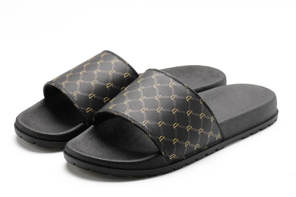 Iconic print black slide sandals